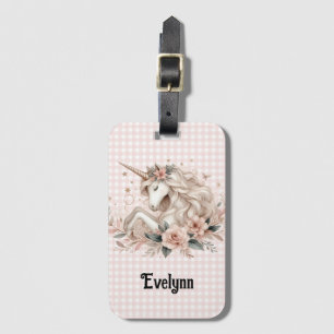 Pink Gingham Unicorn Floral Pastel Luggage Tag