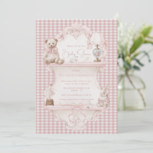 Pink Gingham Vintage Elegant Baby Shower Invitation