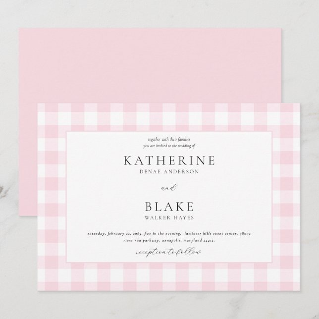 Pink Gingham Wedding Invitation (Front/Back)