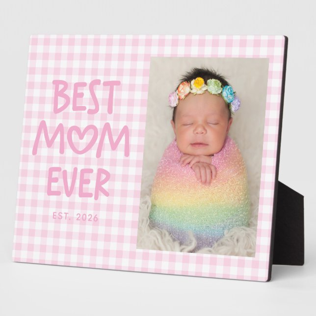 Pink Gingham Whimsical Heart Best Mum Ever Plaque (Side)