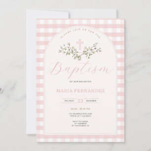 Pink Gingham Wildflowers Christening Invitation