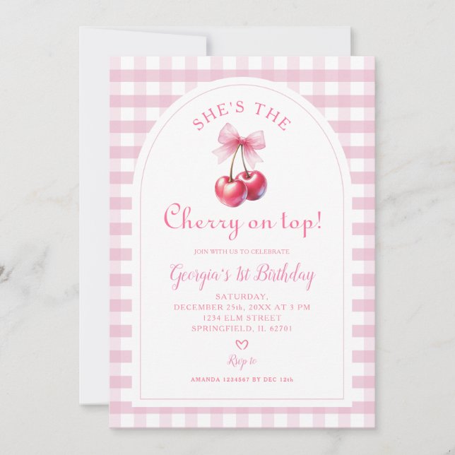 Pink Gingham with Bow She's Cherry on Top Birthday Invitation (Front)