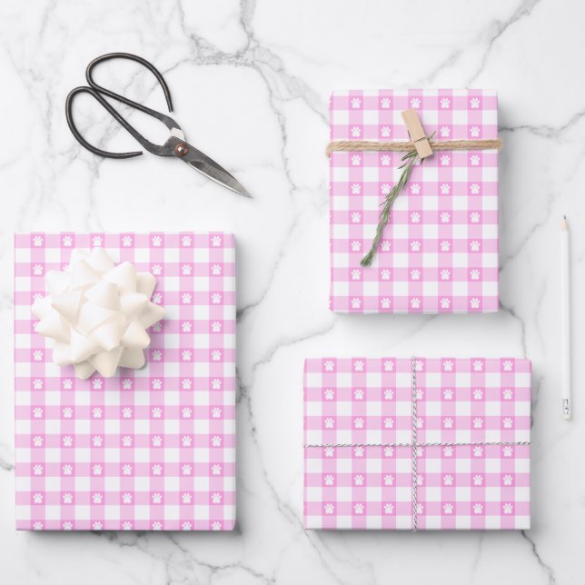Pink Gingham with Paw Prints Wrapping Paper (Front)