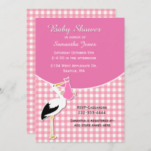 Pink Gingham with Stork Baby Shower Invitation