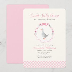 Pink Gingham Woodland Silly Goose Girl Baby Shower Invitation