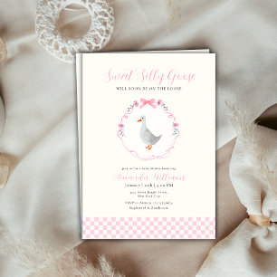 Pink Gingham Woodland Silly Goose Girl Baby Shower Invitation