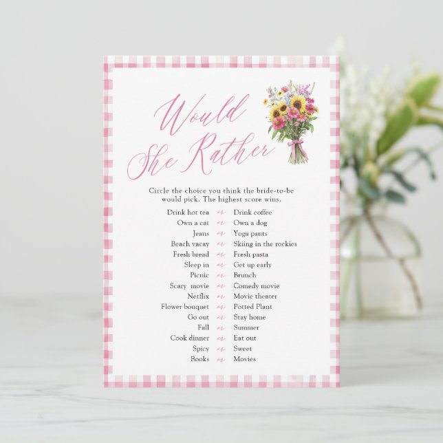 Pink Gingham Would She Rather Bridal Shower Game Invitation (Standing Front)