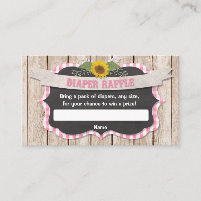 Pink gingham yellow sunflowers baby diaper raffle enclosure card (Front)