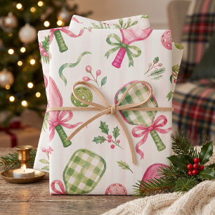 Pink GinghamChristmas Pickleball Holly Gift Wrap