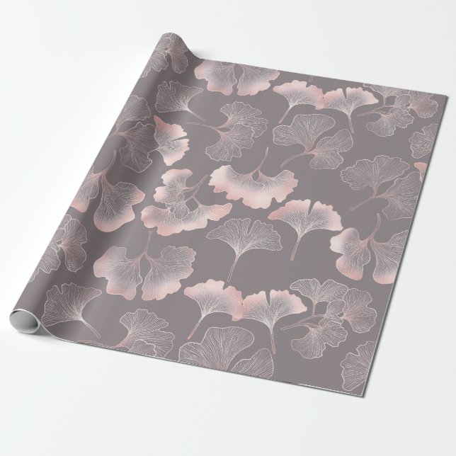 Pink Ginkgo Leaf Botanical Pattern Wrapping Paper (Unrolled)