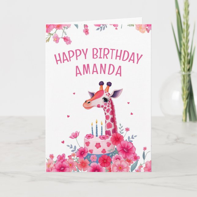 Pink Giraffe and Floral Cake Birthday Card (Front)