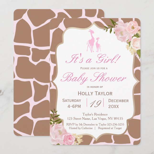 Pink Giraffe Baby Shower Invitation (Front/Back)