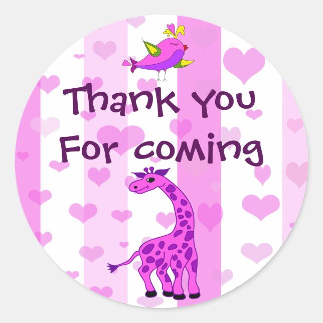 Pink Giraffe birthday thank you Classic Round Sticker (Front)