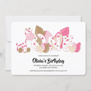 Pink Giraffe First Birthday Party Invitation