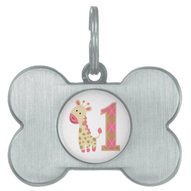 Pink Giraffe First Birthday Pet Tag (Front)