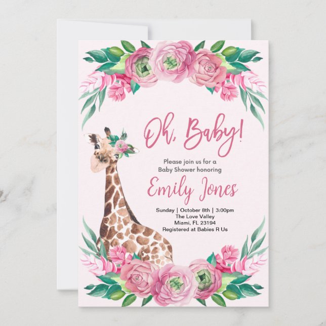 Pink Giraffe Floral Baby Shower Invitation (Front)