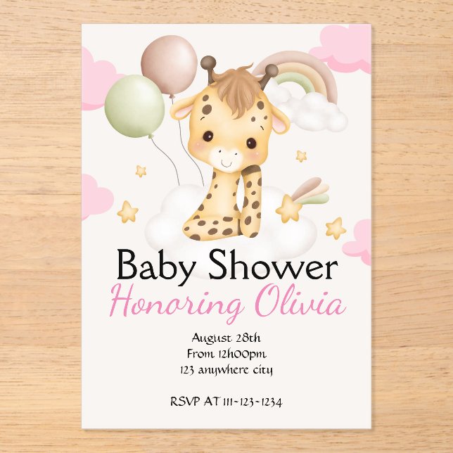 Pink Giraffe girl BABY SHOWER INVITATION (Front)