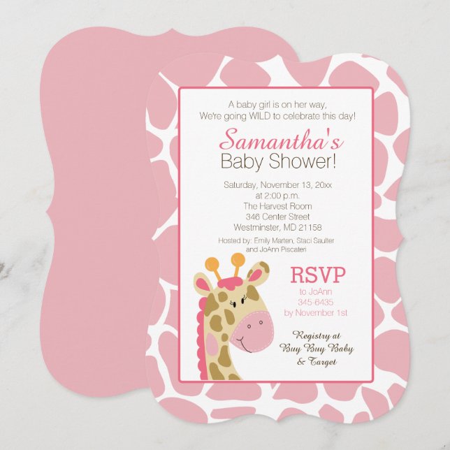 Pink Giraffe It's a Girl Baby Shower Invitation (Front/Back)