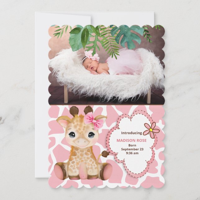 Pink Giraffe Jungle Theme Baby  Announcement (Front)
