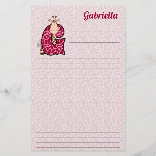 Pink Giraffe Mongrammed Letter G Girls Lined Stationery (Front)
