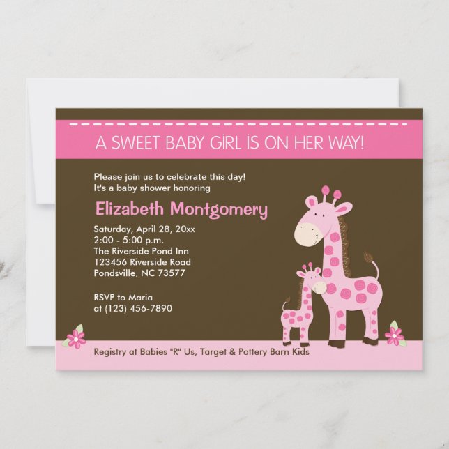 Pink Giraffe Mummy and Baby Girl Shower Invitation (Front)