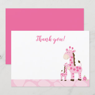Pink Giraffe Mummy Baby Shower Thank You Card Flat