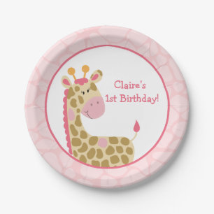 Pink Giraffe Paper Plate with Customisation