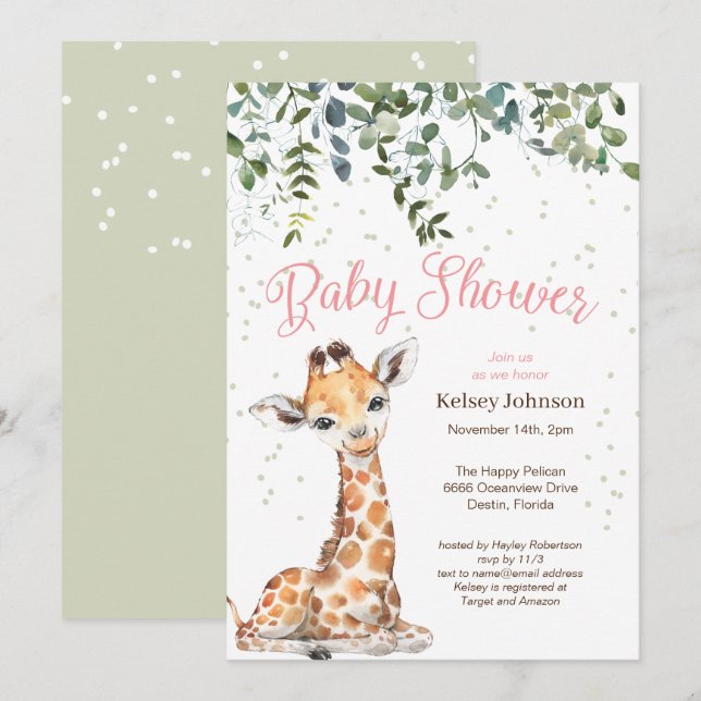 Pink Giraffe Safari Baby Shower Invitation (Front/Back)
