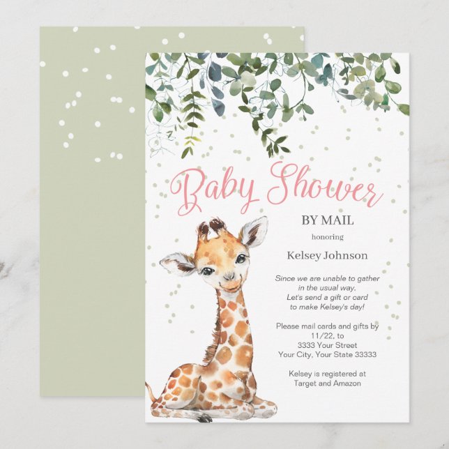 Pink Giraffe Safari By Mail Baby Shower Invitation (Front/Back)