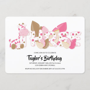 Pink Giraffe Third Birthday Party Invitation