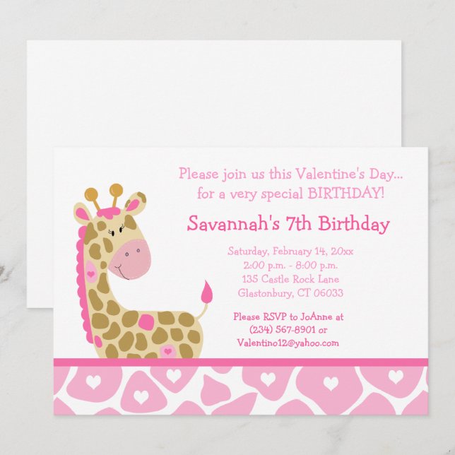 Pink Giraffe Valentines Day Birthday Invitation (Front/Back)