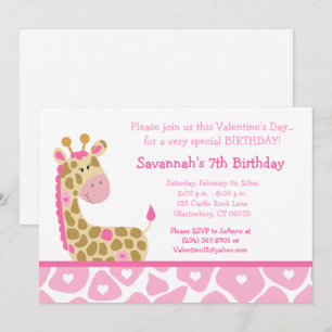 Pink Giraffe Valentines Day Birthday Invitation