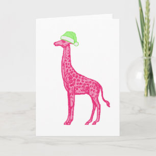 Pink Giraffe with Green Santa Hat Card