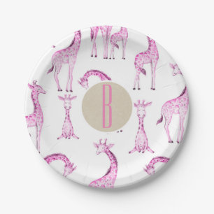 Pink Giraffes Baby Shower Monogram Letter Initial Paper Plate