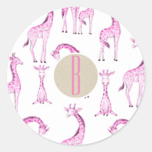 Pink Giraffes Baby Shower Monogram Party Favour Classic Round Sticker