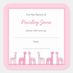 Pink Giraffes Girl Baby Shower Bookplates Square Sticker