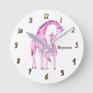 Pink Giraffes Jungle Nursery Room Personalised Round Clock