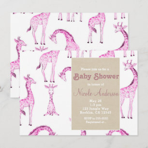 Pink Giraffes & Kraft Safari Whimsical Baby Shower Invitation