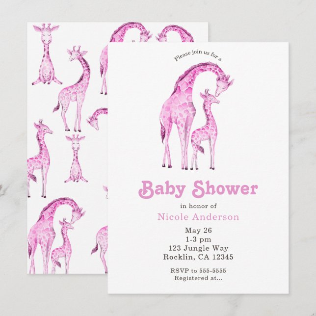 Pink Giraffes Whimsical Baby Shower Invitation (Front/Back)