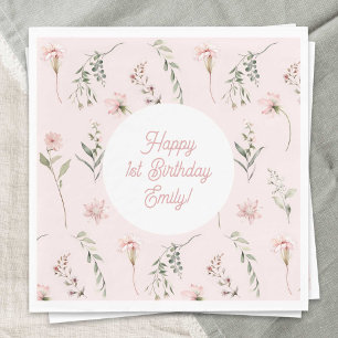 Pink Girl 1st Birthday Wildflower and Greenery Napkin