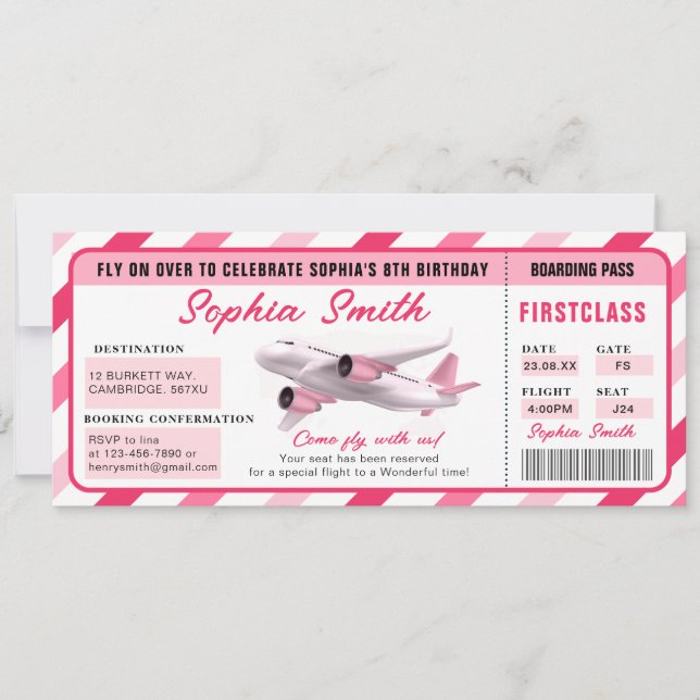 Pink girl 1st Boarding Pass Plane Birthday Ticket Invitation (Front)