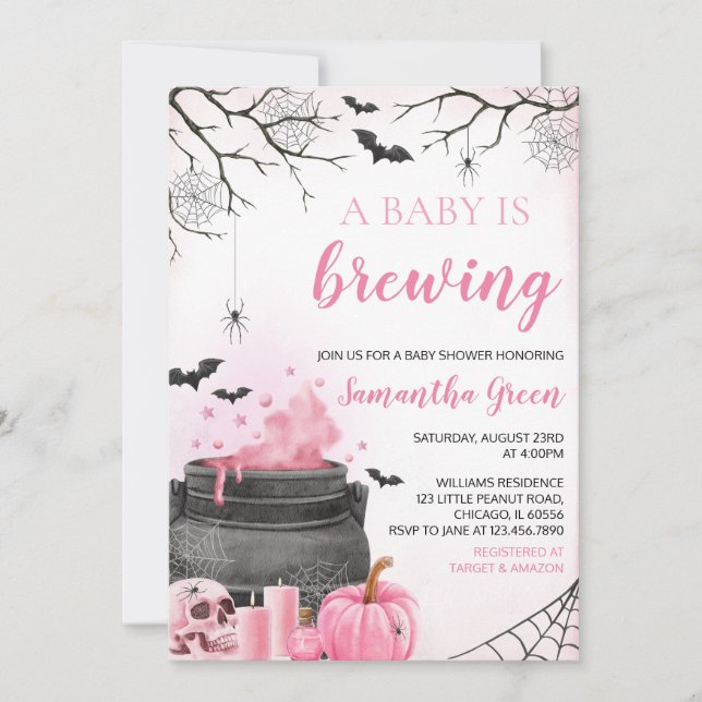 Pink Girl A Baby is Brewing Halloween Baby Shower Invitation (Front)