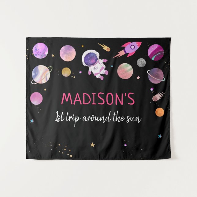 Pink Girl Astronaut Outer Space Birthday Backdrop Tapestry (Front (Horizontal))