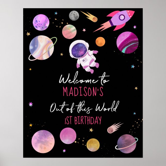  Pink Girl Astronaut Outer Space Birthday Welcome Poster (Front)