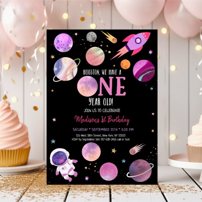 Pink Girl Astronaut Outer Space First Birthday Invitation (Creator Uploaded)