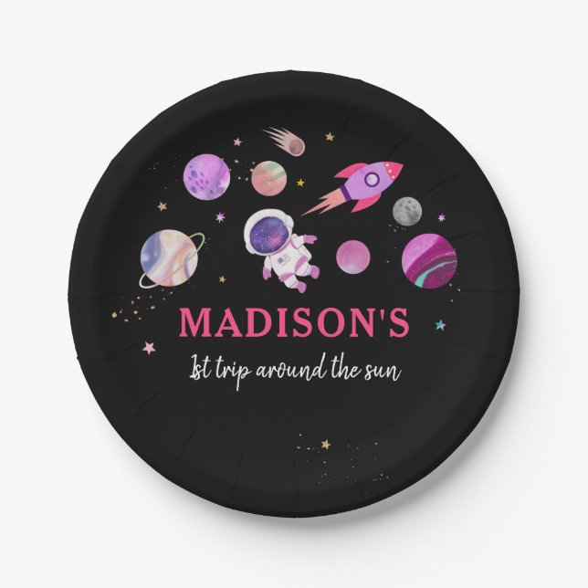 Pink Girl Astronaut Outer Space First Birthday Paper Plate (Front)