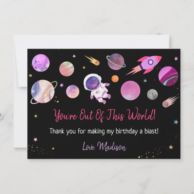 Pink Girl Astronaut Outer Space First Birthday Thank You Card (Front)