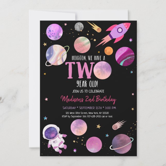 Pink Girl Astronaut Outer Space Second Birthday Invitation (Front)