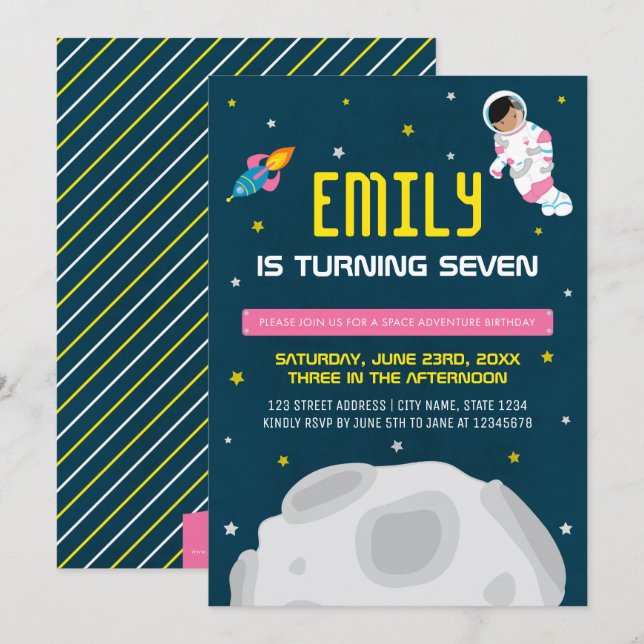 Pink Girl Astronaut Space Birthday Invitation (Front/Back)