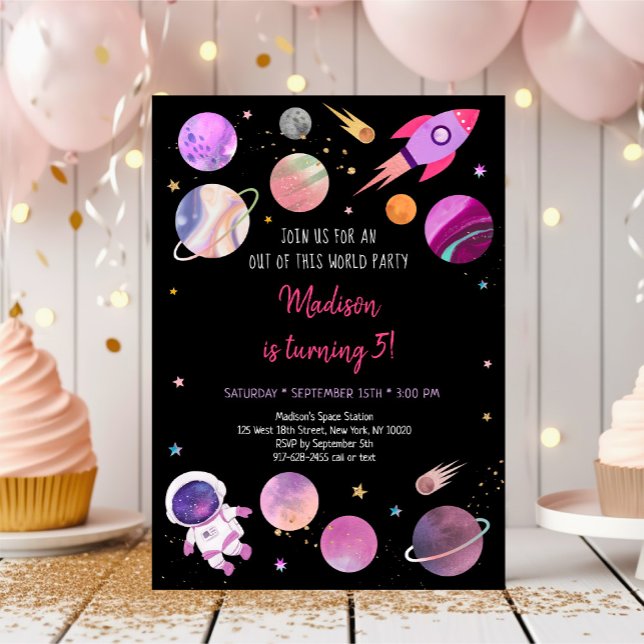 Pink Girl Astronaut Space Birthday Invitation (Creator Uploaded)